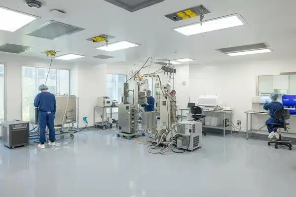 Technicians in protective clothing work among biomanufacturing equipment in Wheeler Bio’s cleanroom facility.