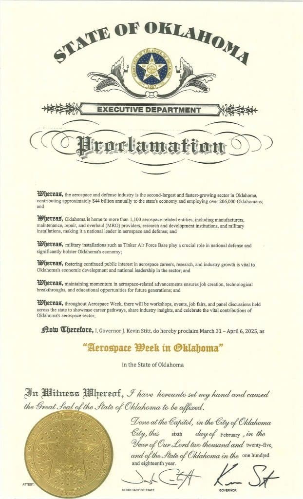 State of Oklahoma proclamation recognizing Aerospace Week, March 31–April 6, 2025.
