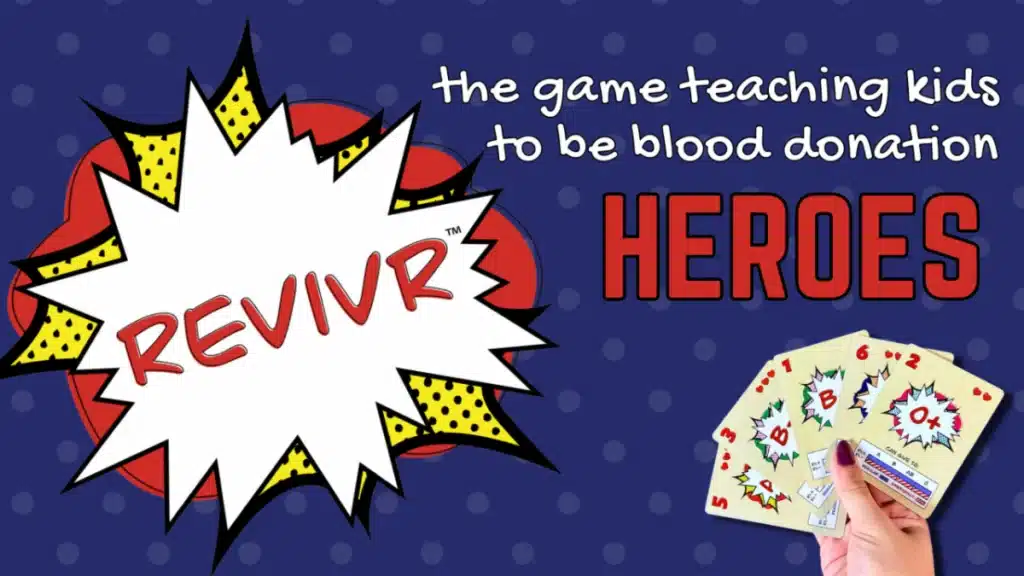 REVIVR — the game teaching kids to be blood donation heroes, illustrated with colorful playing cards.
