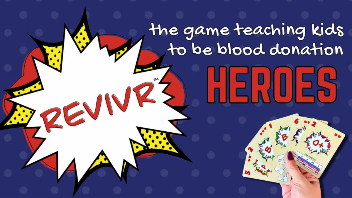 REVIVR — the game teaching kids to be blood donation heroes, illustrated with colorful playing cards.
