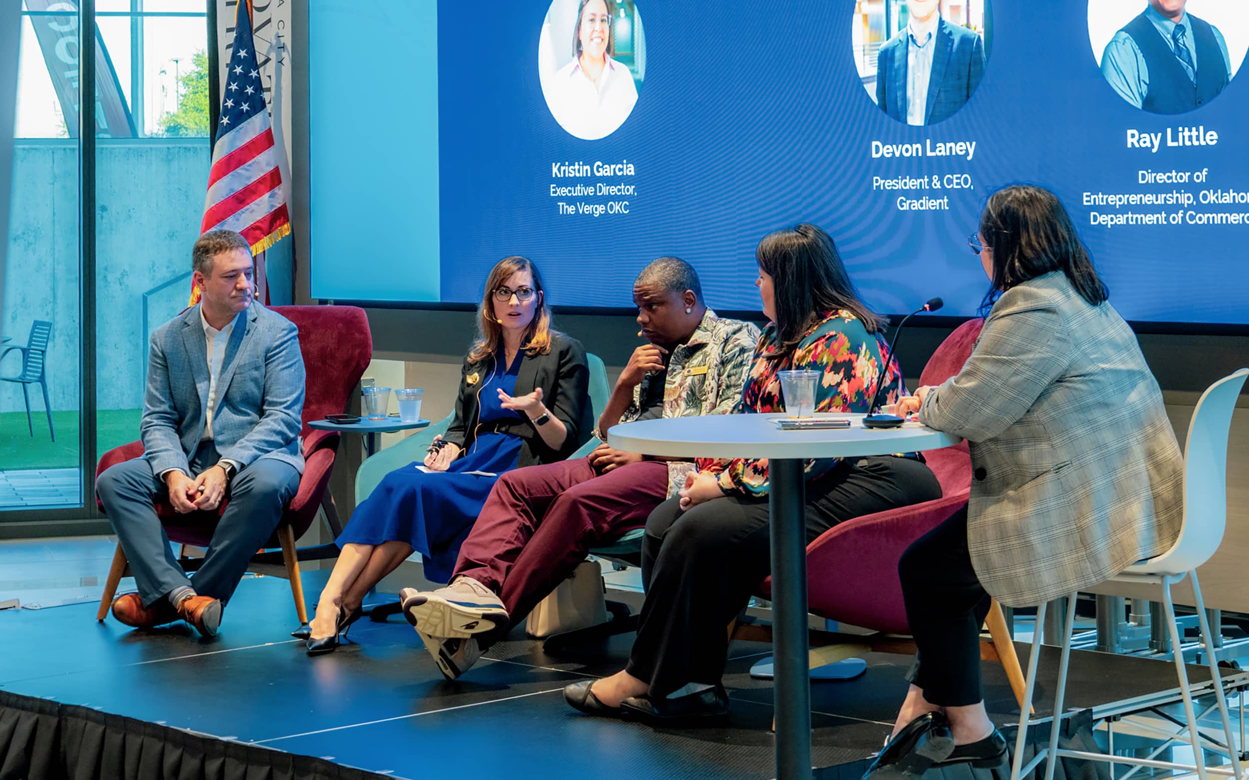 Panelists discuss entrepreneurship onstage during a venture forum at Innovation Hall.