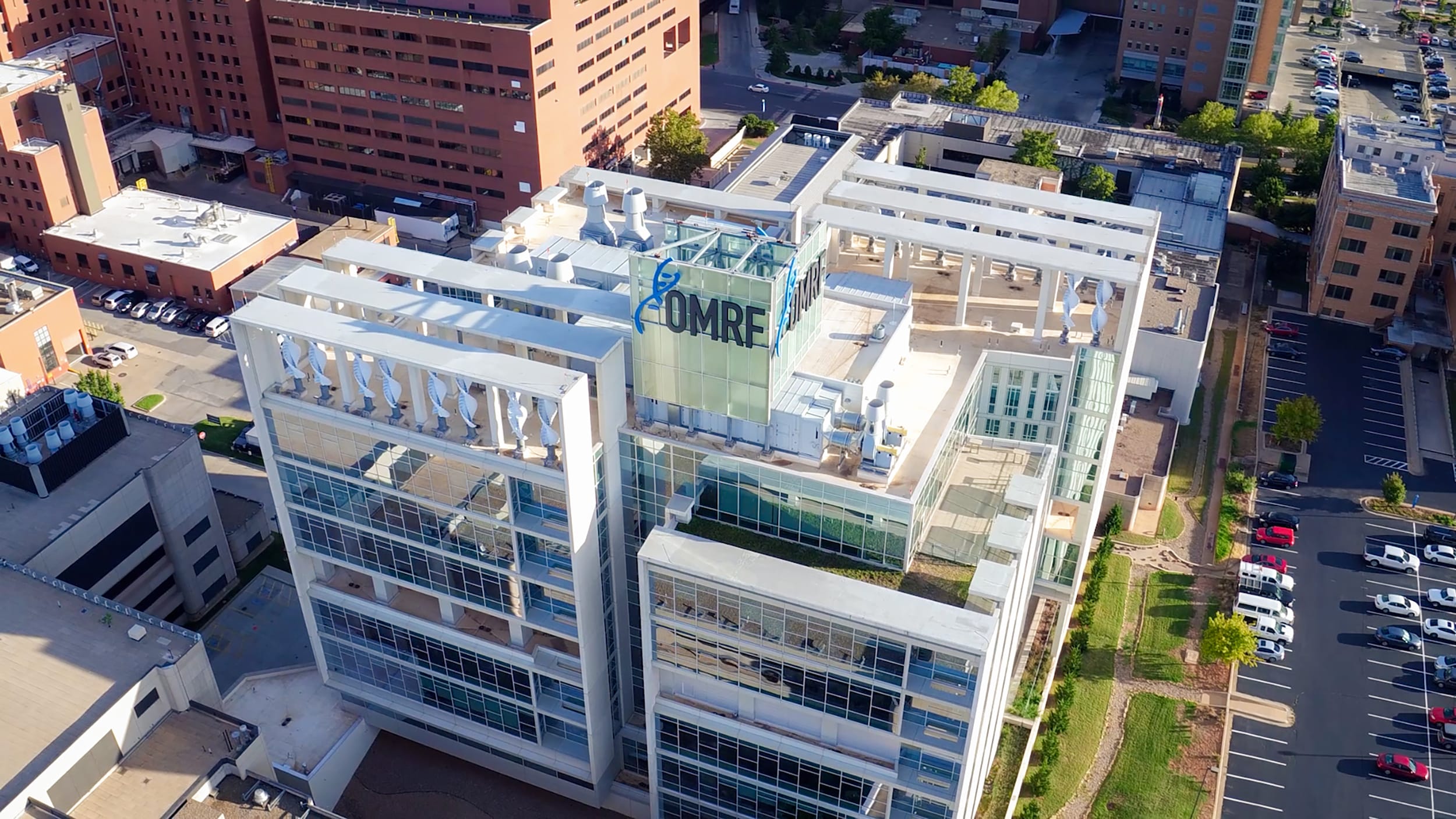 Aerial view of the Oklahoma Medical Research Foundation building and rooftop research facilities.